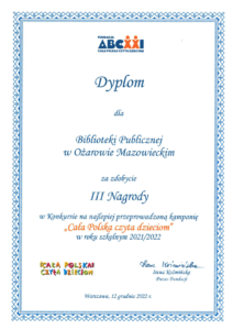 Dyplom za zajecie 3-go miejsca Cala Polska Czyta Dzieciom 2021/22
