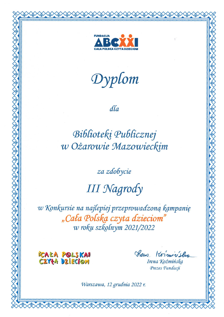 Dyplom za zajecie 3-go miejsca Cala Polska Czyta Dzieciom 2021/22